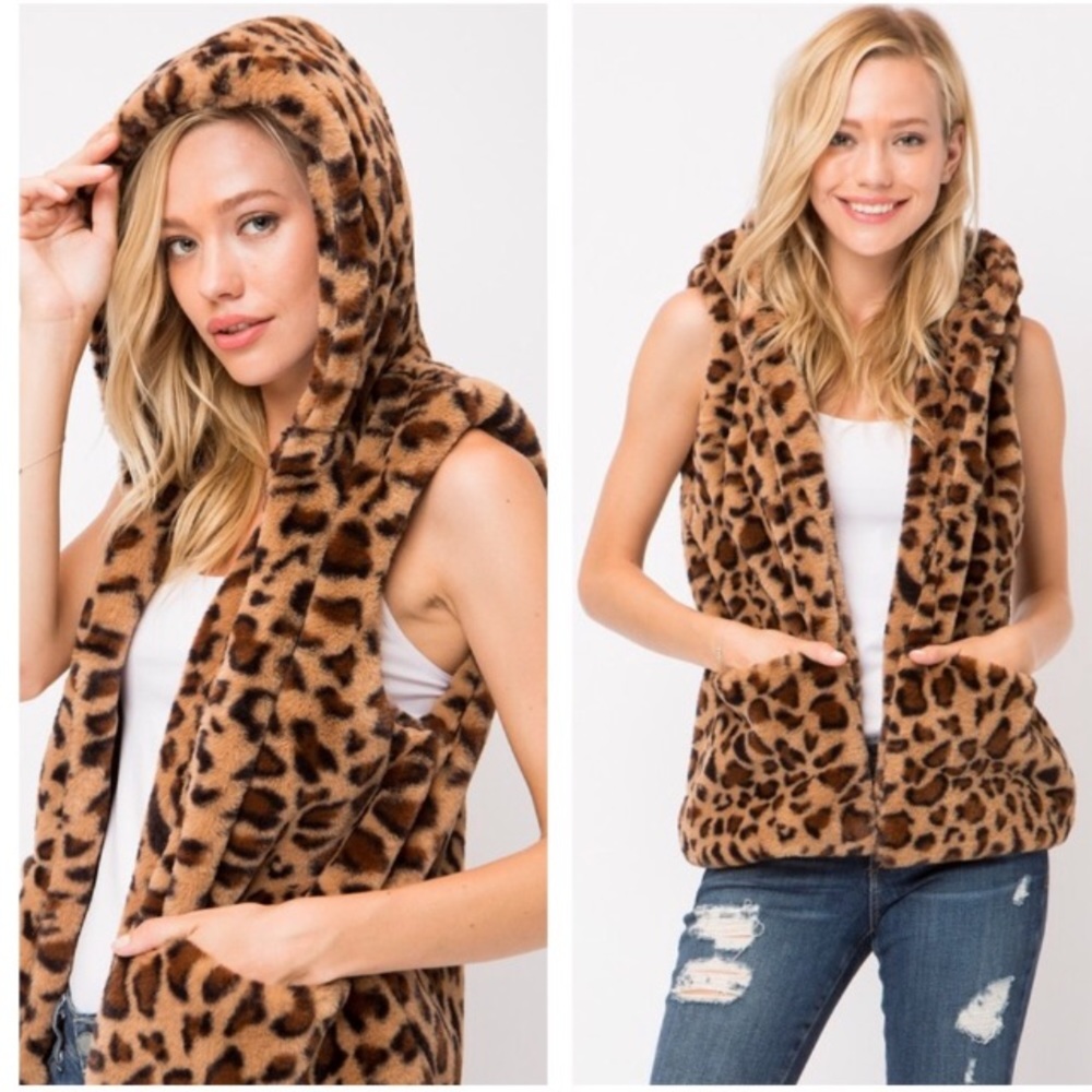 Leopard print vegan fur vest with hood.